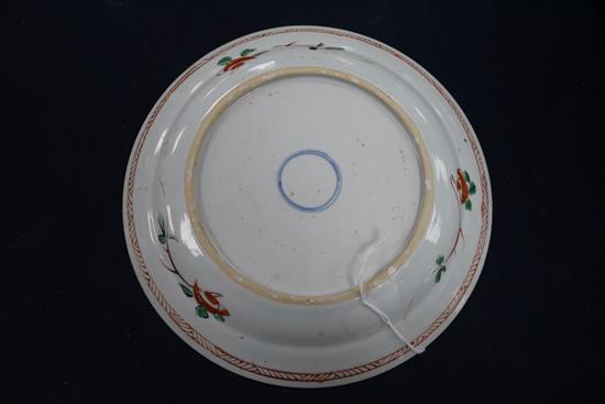 Three 18th century Chinese plates, famille rose, famille verte and blue and white